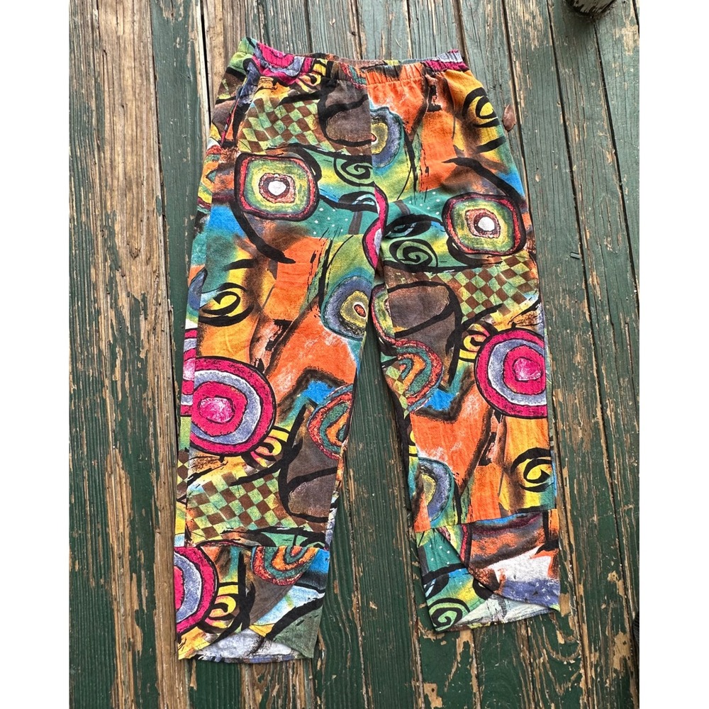 Abstract Art Print Crop Pants Elastic Waist Cotton Rayon Multi Color Large